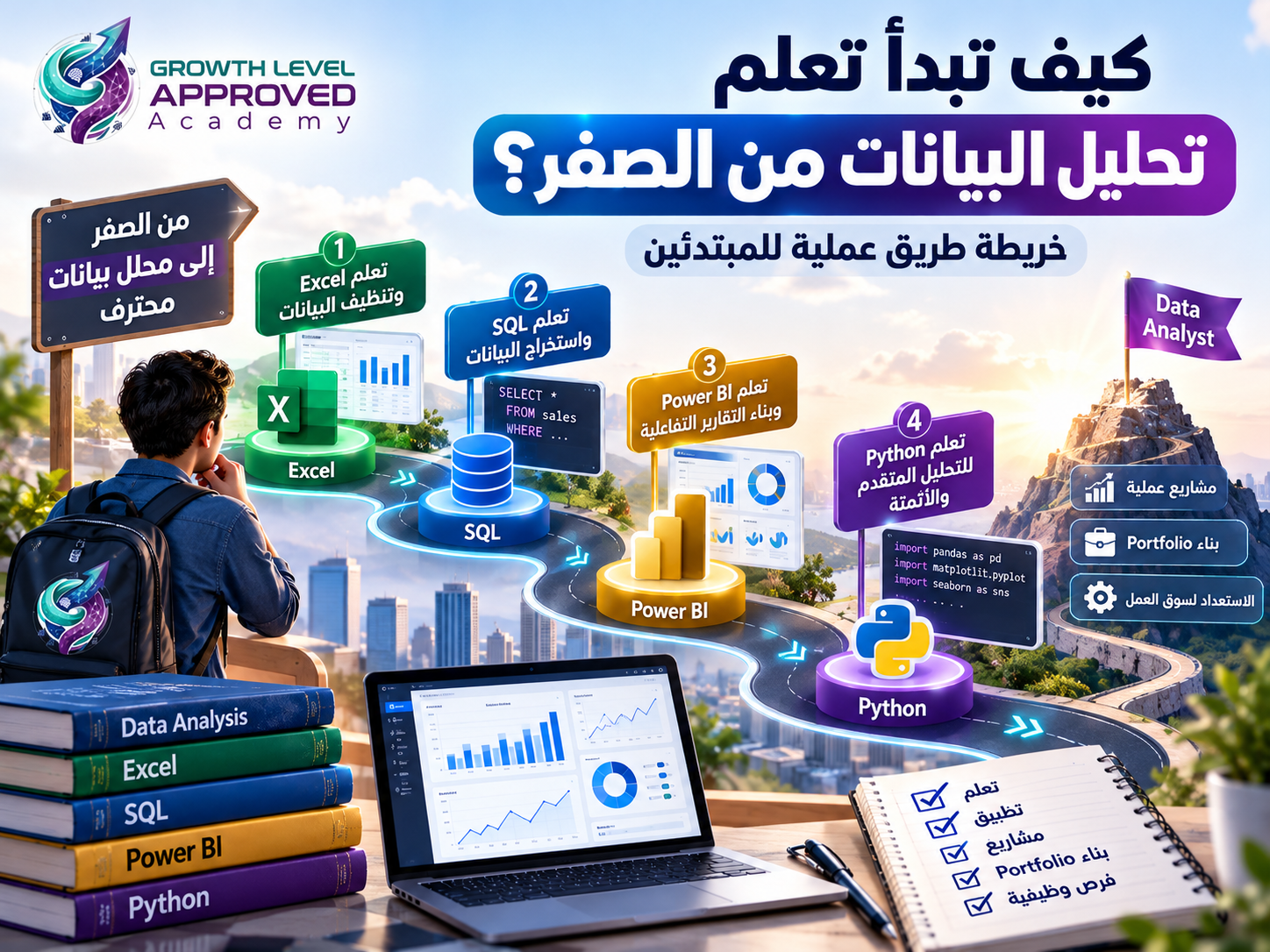 خريطة طريق تعلم تحليل البيانات من الصفر باستخدام Excel وSQL وPower BI وPython