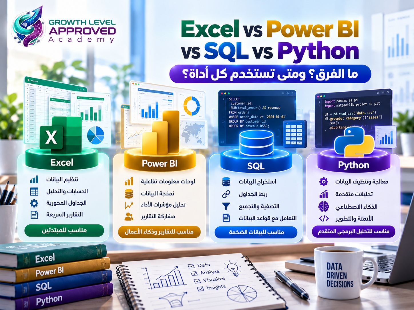 مقارنة بين Excel وPower BI وSQL وPython وأهم استخدامات كل أداة في تحليل البيانات