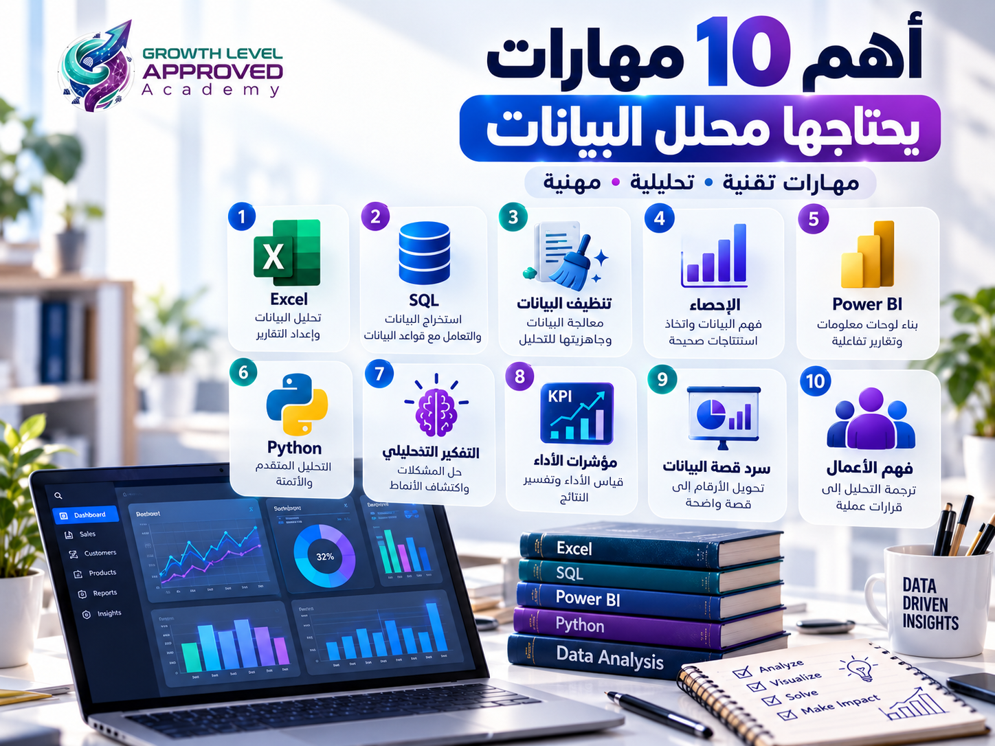 أهم 10 مهارات يحتاجها محلل البيانات تشمل Excel وSQL وPower BI وPython والإحصاء والتفكير التحليلي